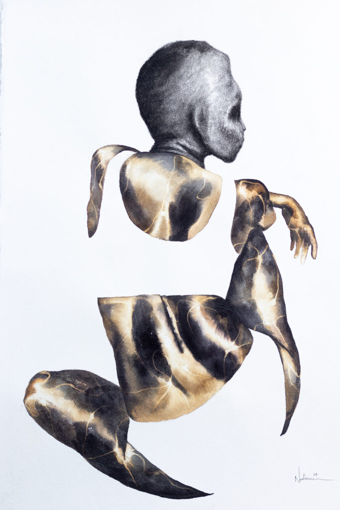 A drawing of a fragmented human-like figure, rendered in a realistic, textured style with watercolor and possibly charcoal. The figure's body is broken into three main pieces: the head and upper torso, the midsection, and the lower body. The head is a solid dark gray with a textured, matte appearance, resembling charcoal. The other body parts are painted with dark brown and light brown hues that swirl together in a cracked, lightning-like pattern, giving the impression of shattered earth or wood. The artist's signature is in the lower right corner. The background is a solid white.