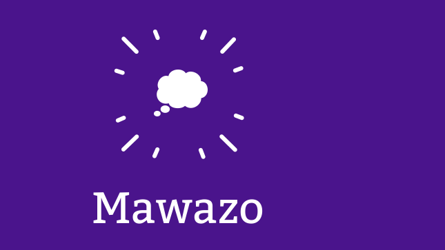 A digital poster with a purple and white background. On the left side, the word “Mawazo” appears below a thought cloud icon. On the right side, the text reads: “Your story with no filter. Express yourself anonymously. This is a safe space for persons with disabilities in Africa to share their stories. In their own words, anonymously with no filter. Let’s discover the world around us. Join Us.” Below, there is a purple button labeled “View Chats.”